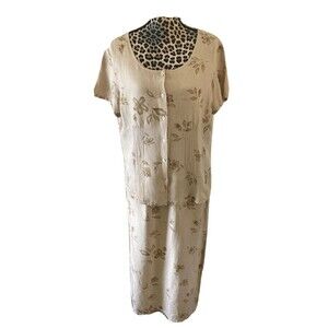 Kathy Ireland 2 Piece Blouse And Skirt XL Linen Blend, Tan, Beige Floral Slit